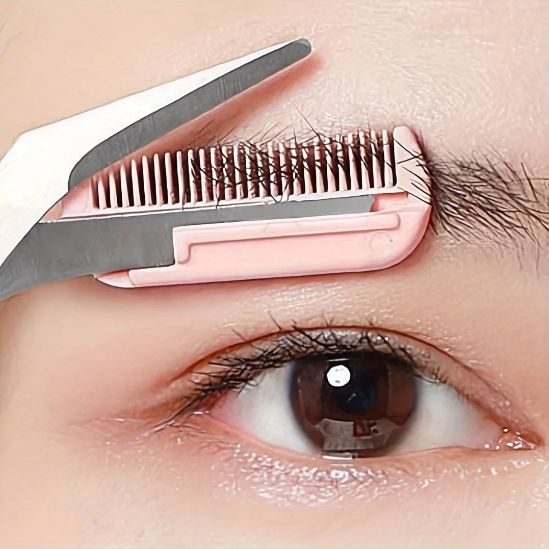 Pink eyebrow trimming scissors with built-in comb - stainless steel,